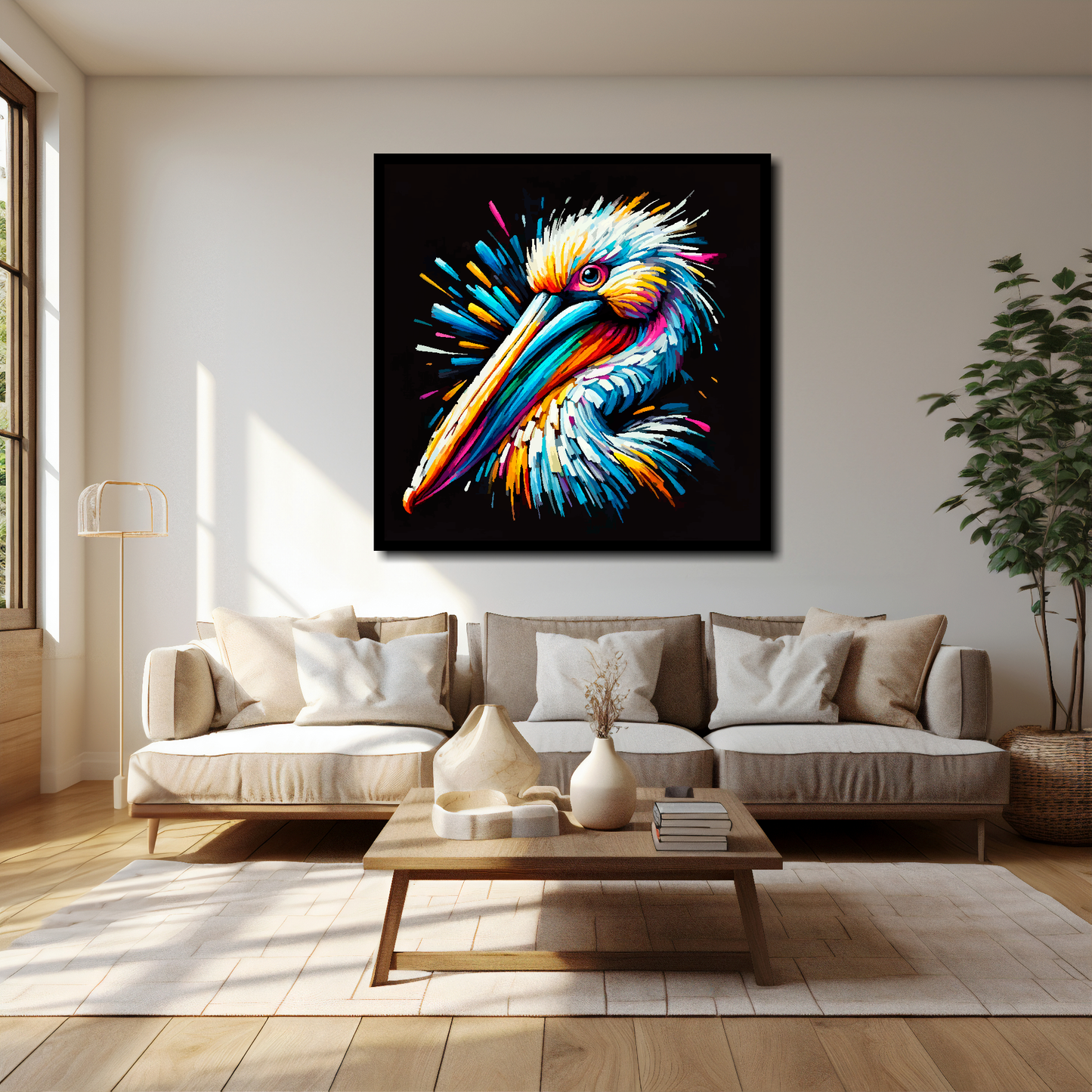 Pelican canvas 40x40 inches above cream sofa - XL vibrant bird wall art UK