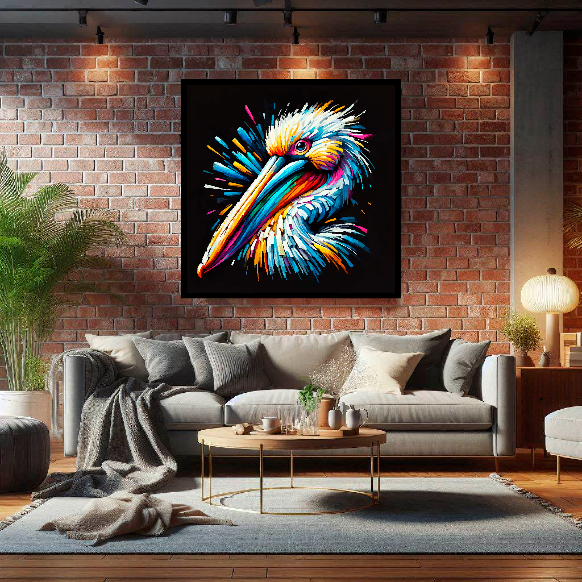 Large Pelican canvas on brick wall above grey sofa - bold bird portrait UK living room