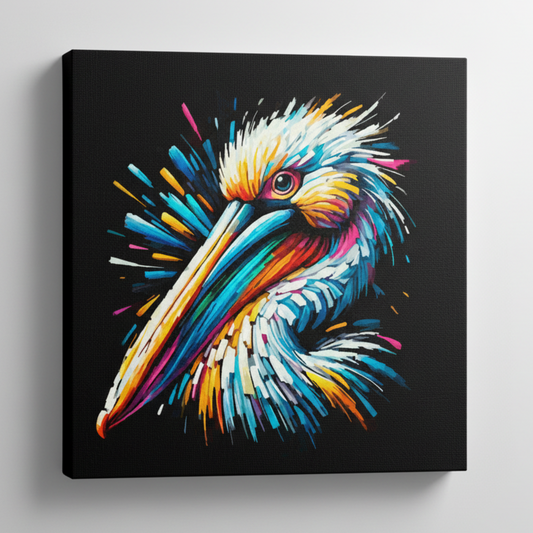 Colourful Pelican bird portrait canvas print - UK made abstract wildlife wall art black background