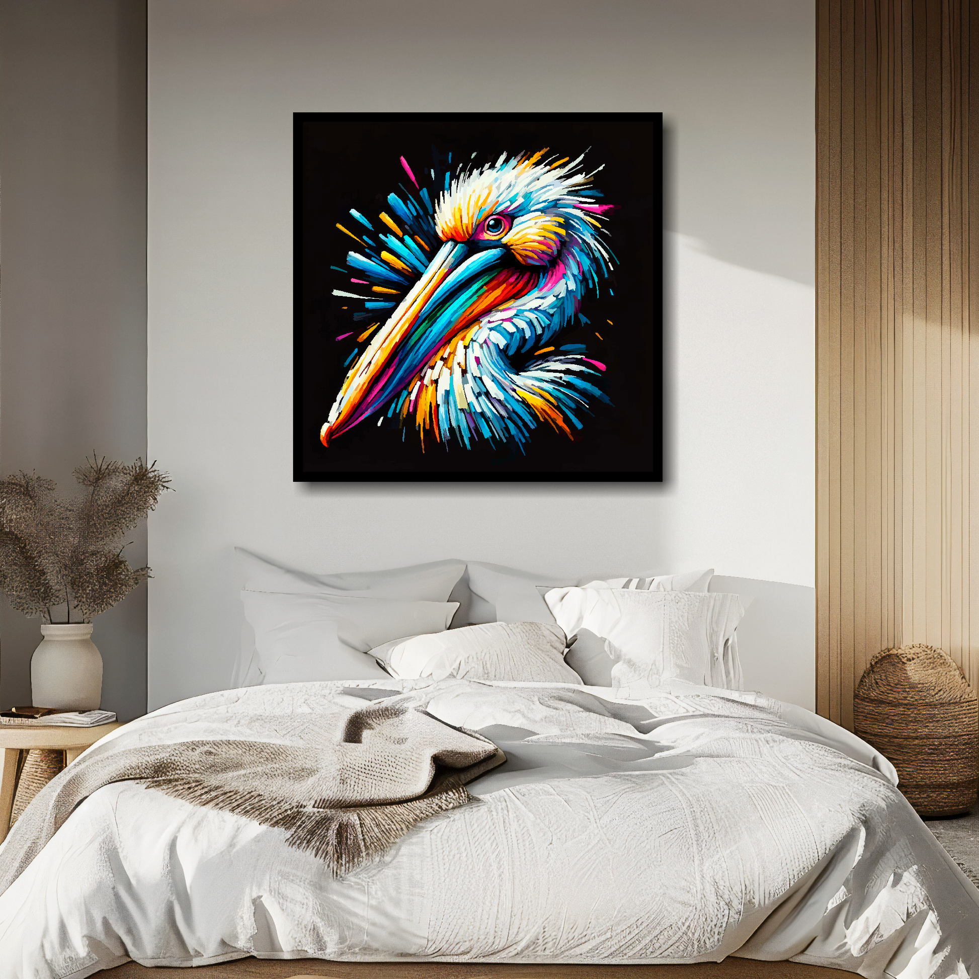 Pelican portrait canvas above bed - colourful bird wall decor for UK bedrooms