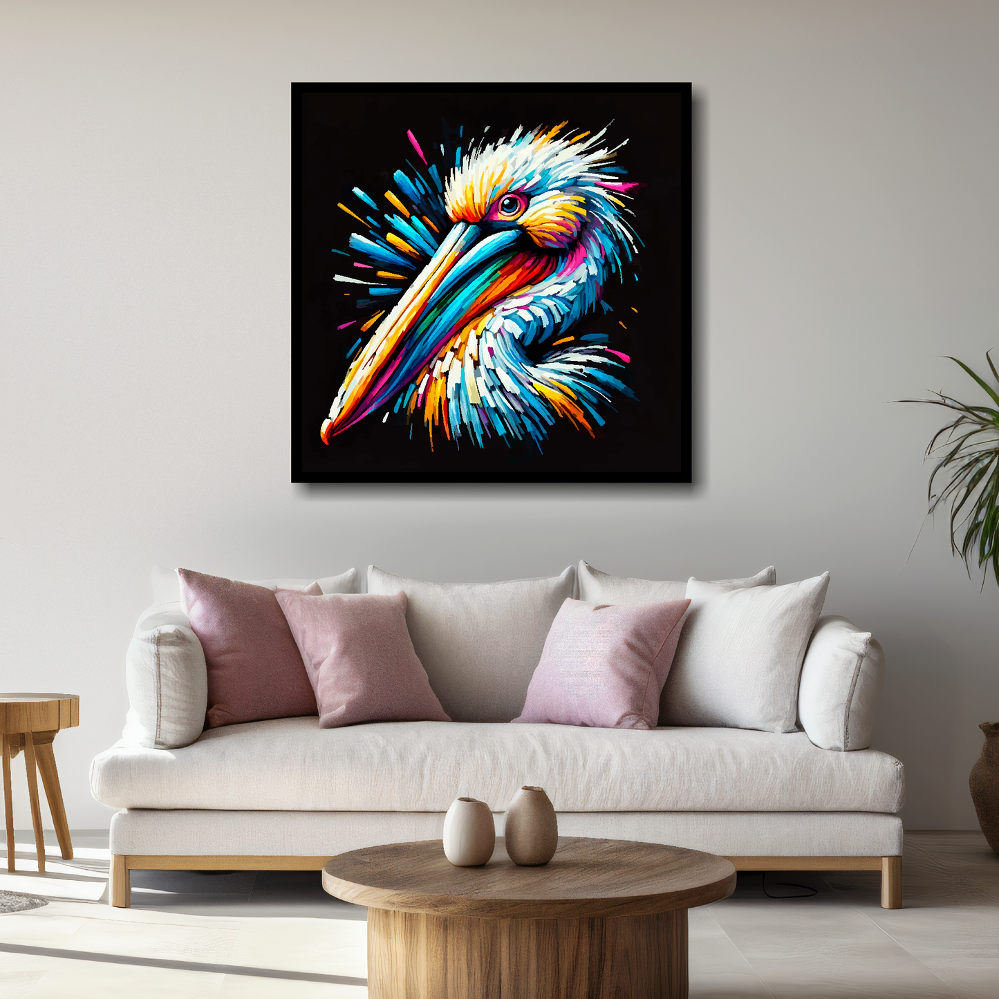 Large Pelican canvas above white sofa - vibrant abstract bird portrait wall art UK
