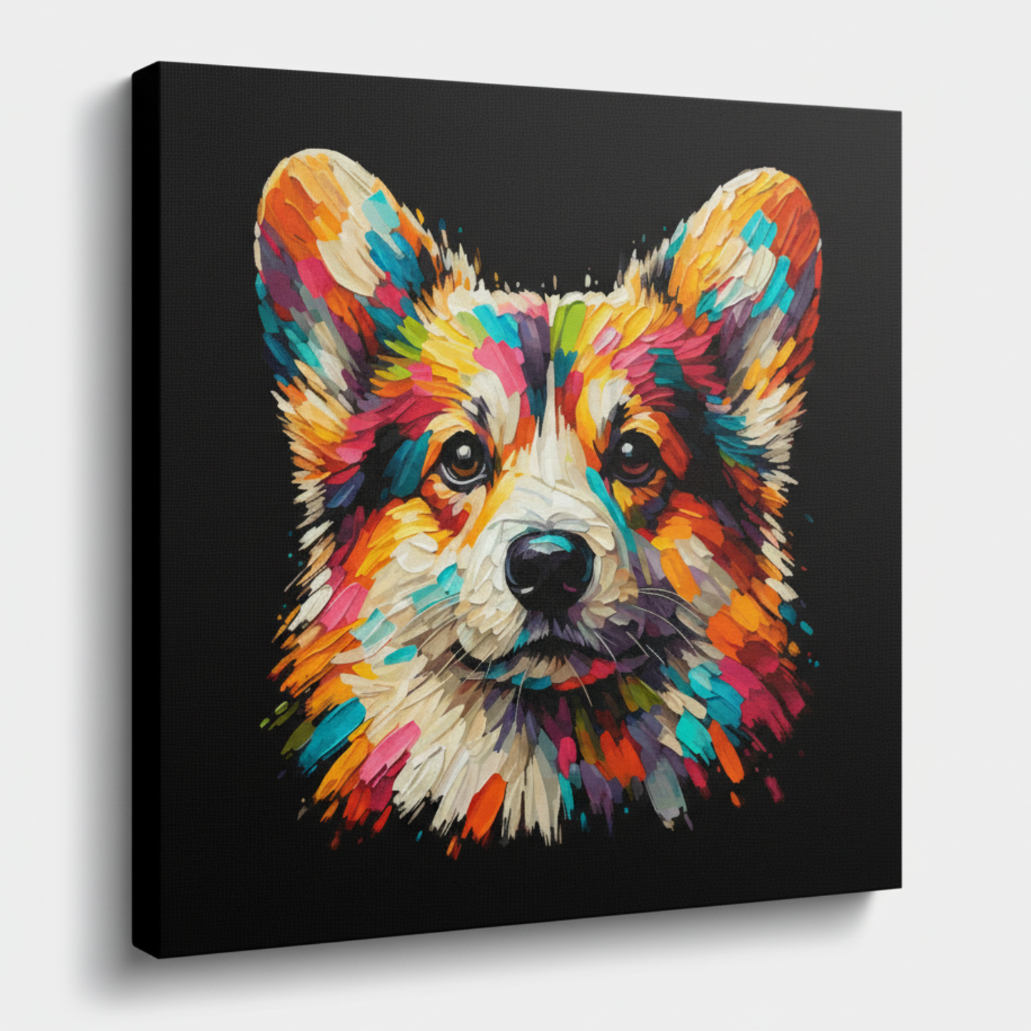 Colourful Pembroke Welsh Corgi dog portrait canvas print - UK made abstract pet wall art black background