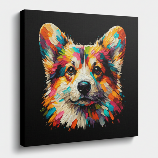 Colourful Pembroke Welsh Corgi dog portrait canvas print - UK made abstract pet wall art black background