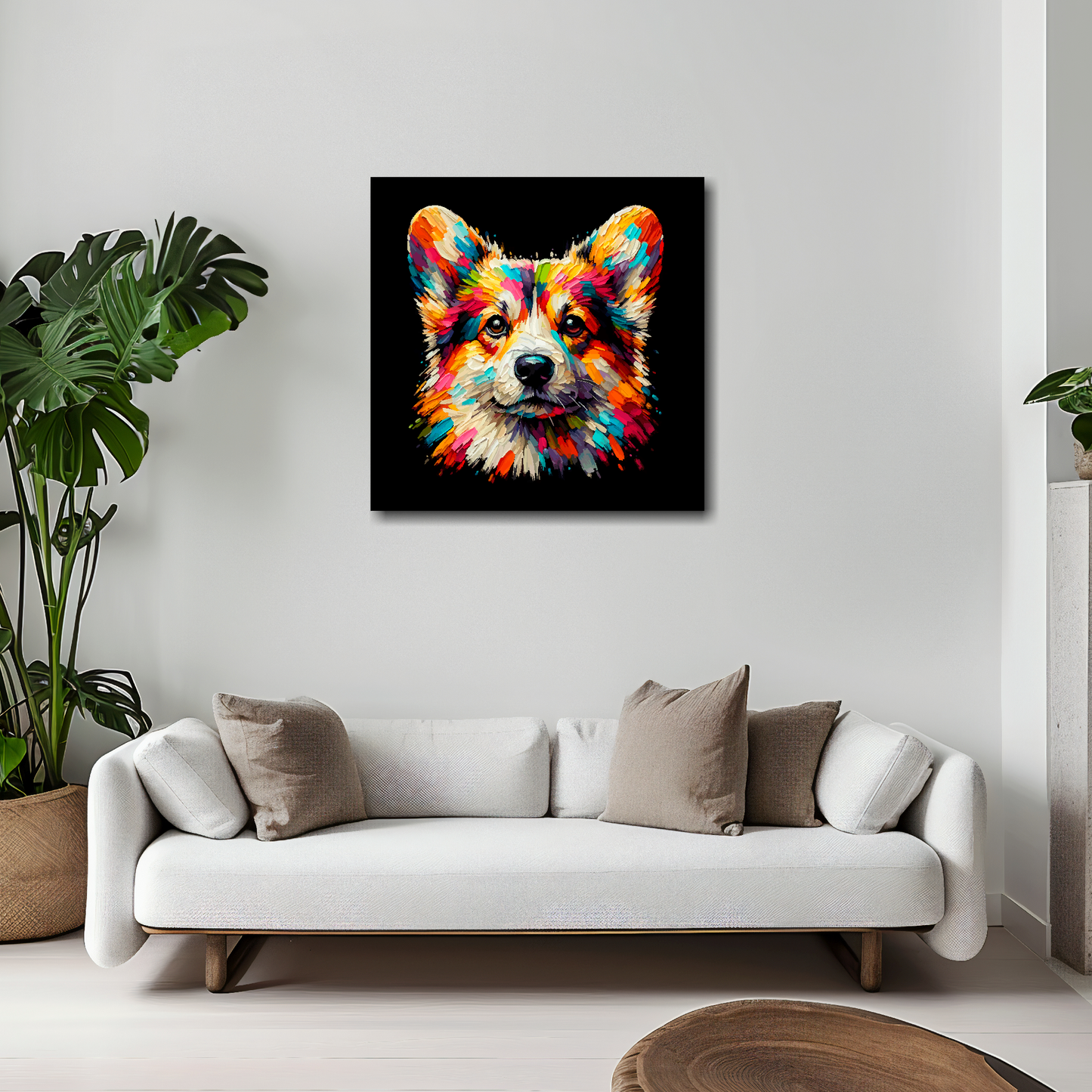 Pembroke Welsh Corgi canvas 20x20 inches above white sofa - vibrant dog portrait wall art UK