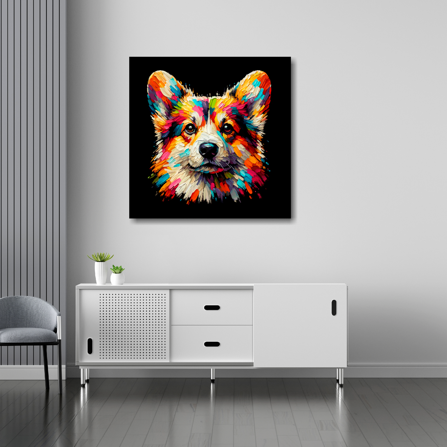 Pembroke Welsh Corgi canvas 30x30 inches above sideboard - large colourful dog portrait UK made