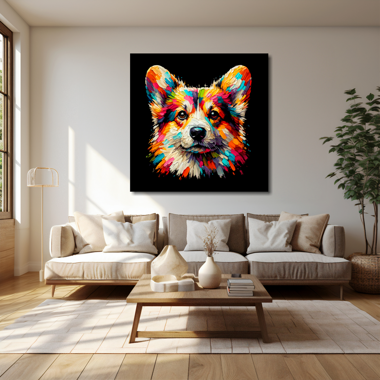 Pembroke Welsh Corgi canvas 40x40 inches above cream sofa - XL vibrant dog wall art UK