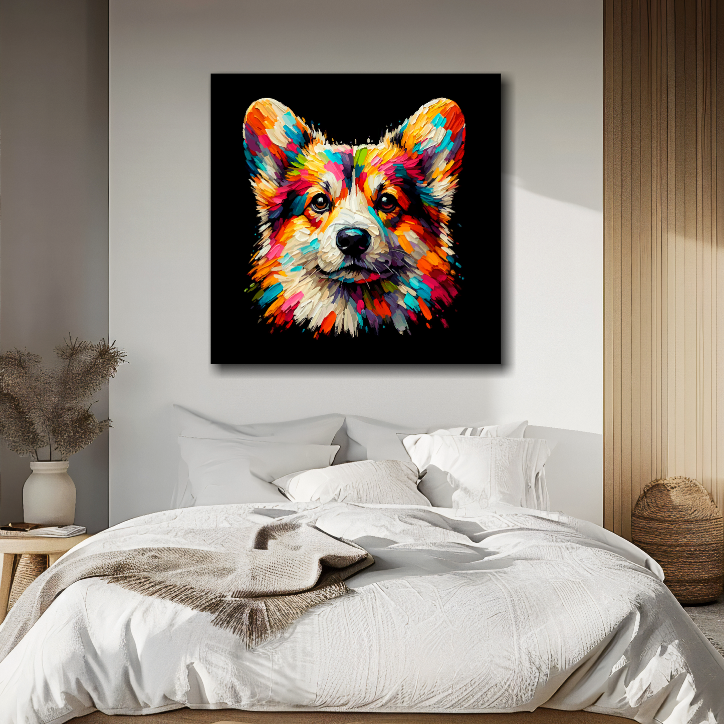 Pembroke Welsh Corgi portrait canvas above bed - colourful dog wall decor for UK bedrooms