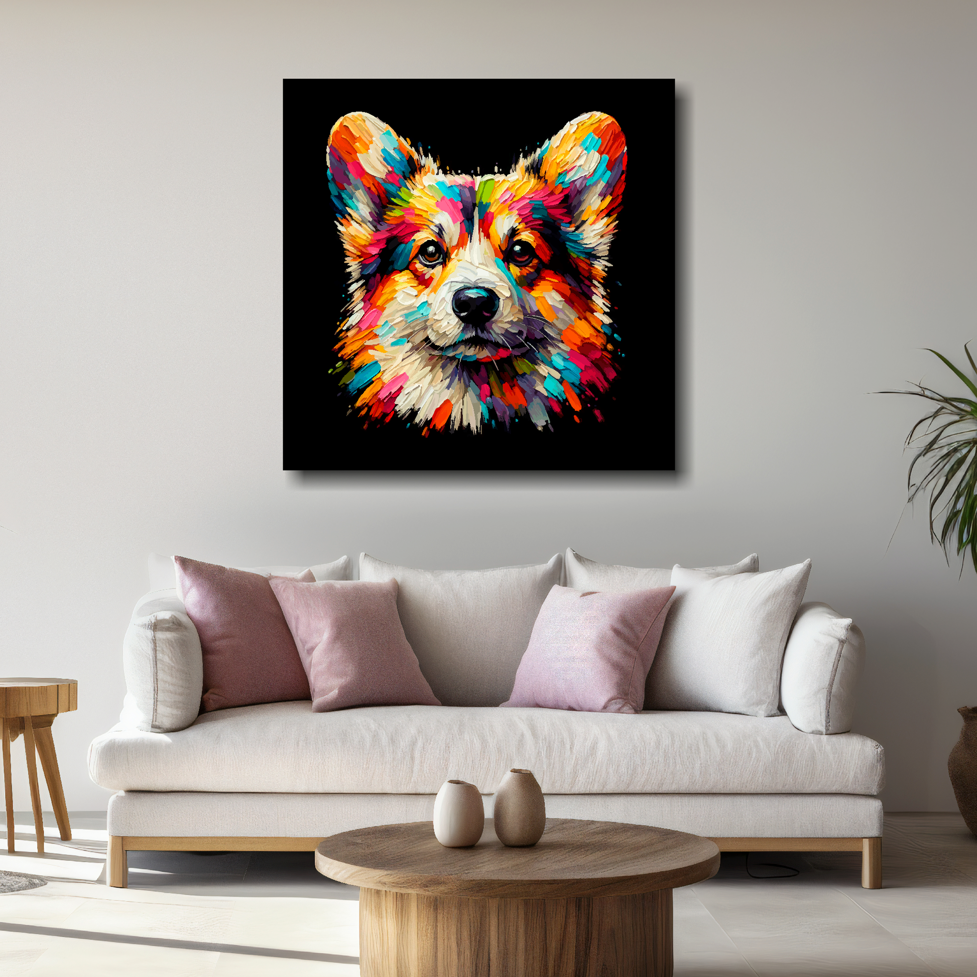 Large Pembroke Welsh Corgi canvas above white sofa - vibrant abstract dog portrait wall art UK