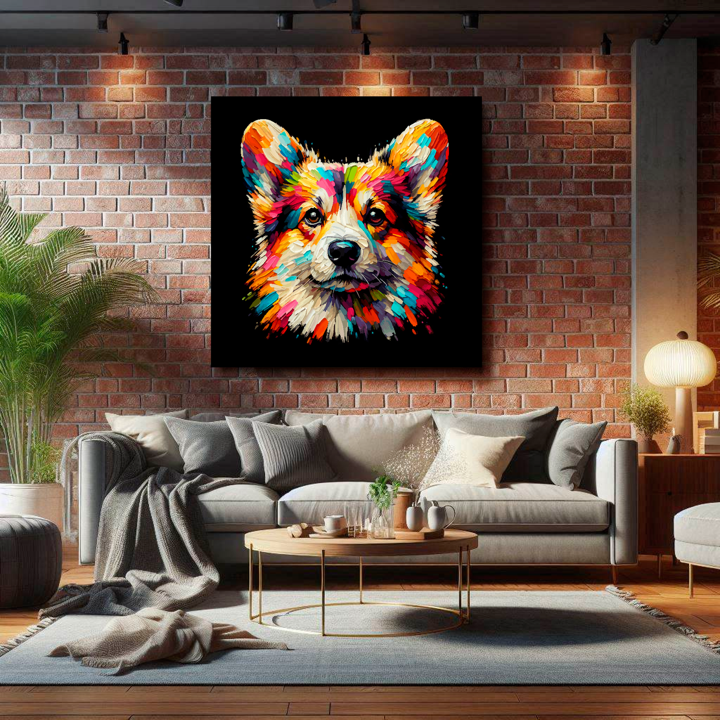 Large Pembroke Welsh Corgi canvas on brick wall above grey sofa - bold dog portrait UK living room