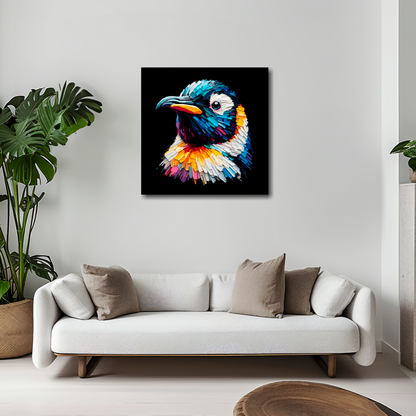 Penguin canvas 20x20 inches above white sofa - vibrant bird portrait wall art UK