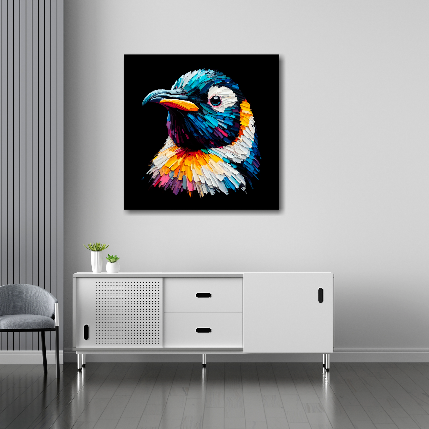 Penguin canvas 30x30 inches above sideboard - large colourful bird portrait UK made