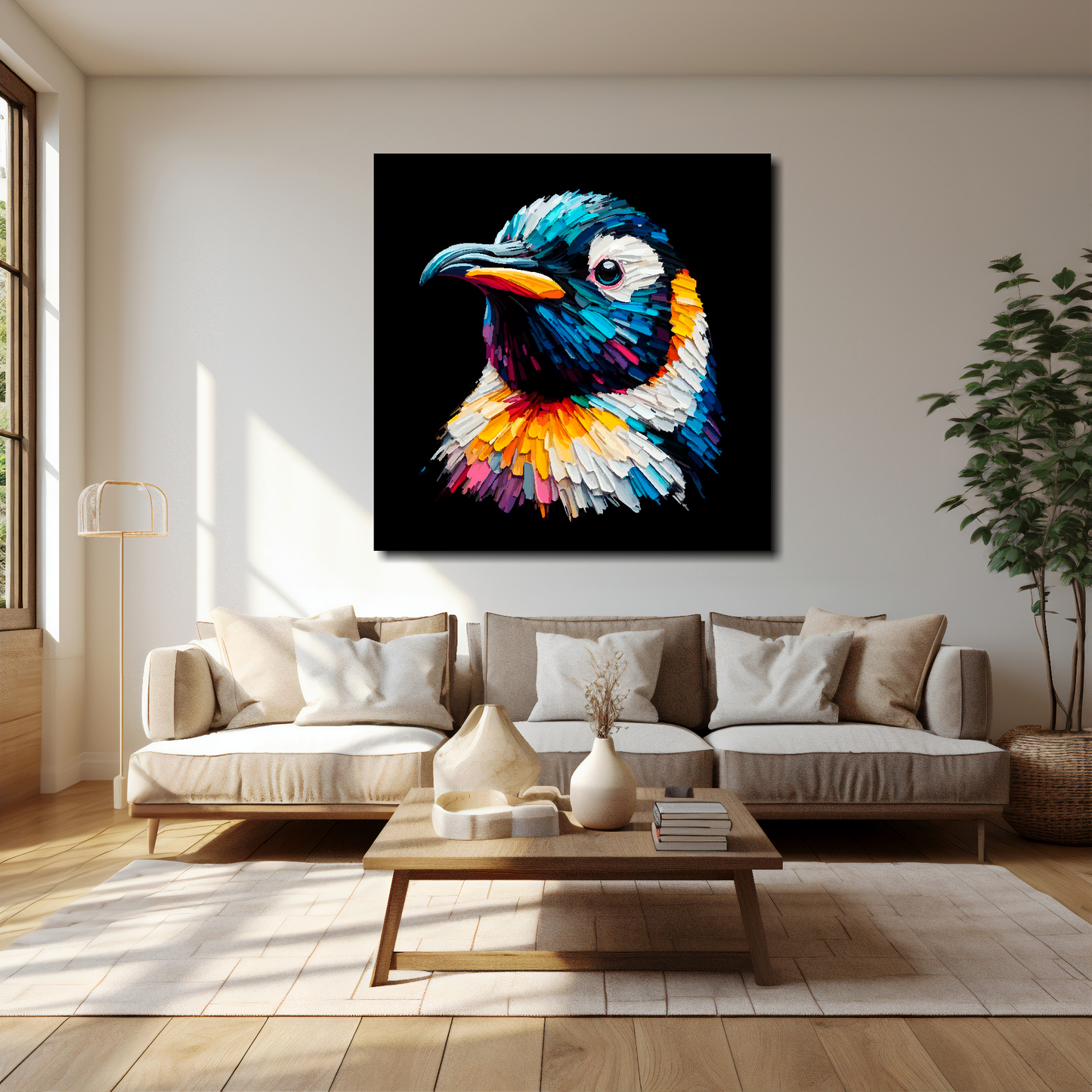 Penguin canvas 40x40 inches above cream sofa - XL vibrant bird wall art UK