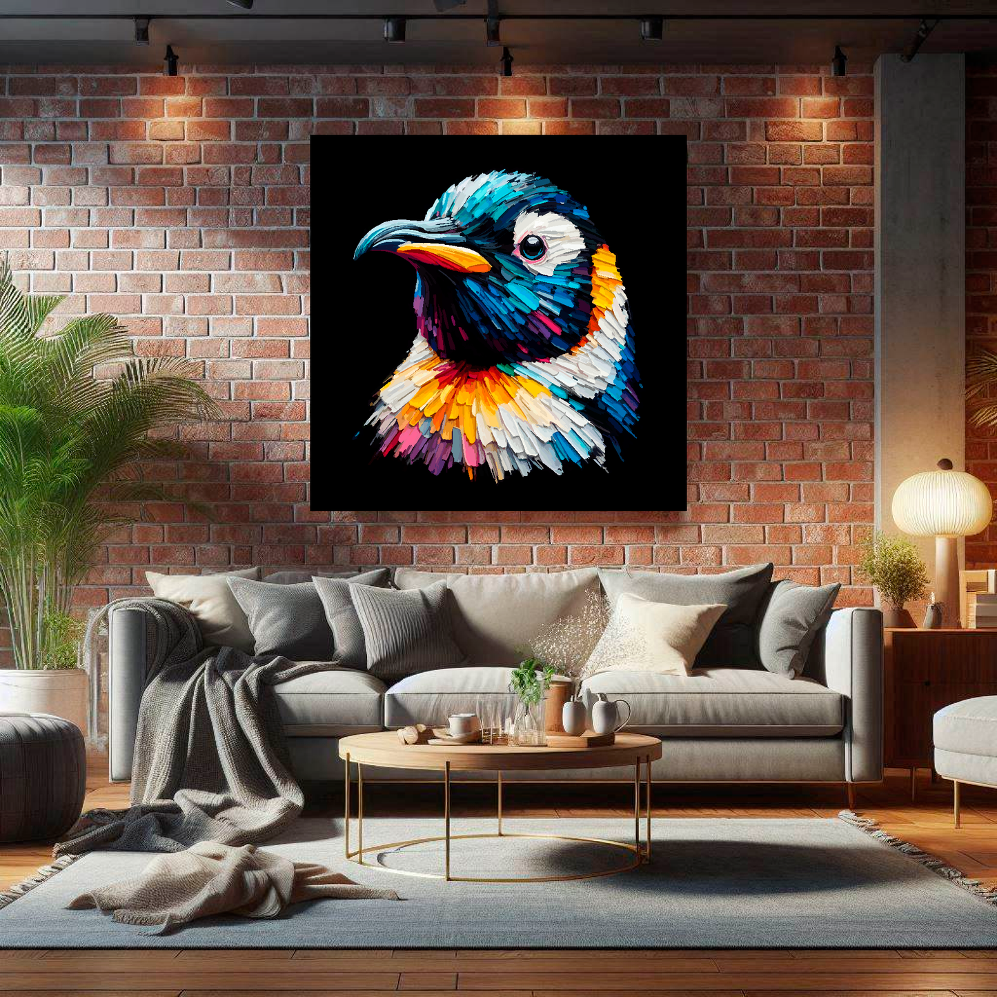 Large Penguin canvas on brick wall above grey sofa - bold bird portrait UK living room