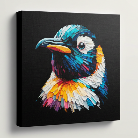 Colourful Penguin bird portrait canvas print - UK made abstract wildlife wall art black background