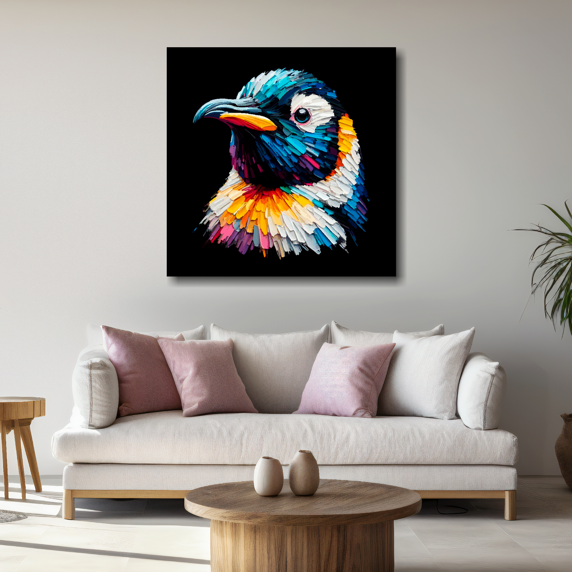 Large Penguin canvas above white sofa - vibrant abstract bird portrait wall art UK