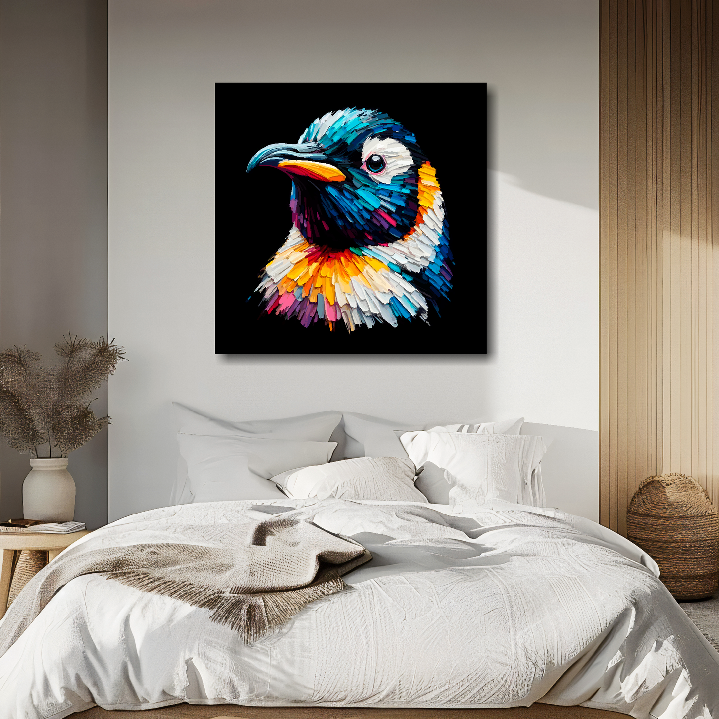 Penguin portrait canvas above bed - colourful bird wall decor for UK bedrooms