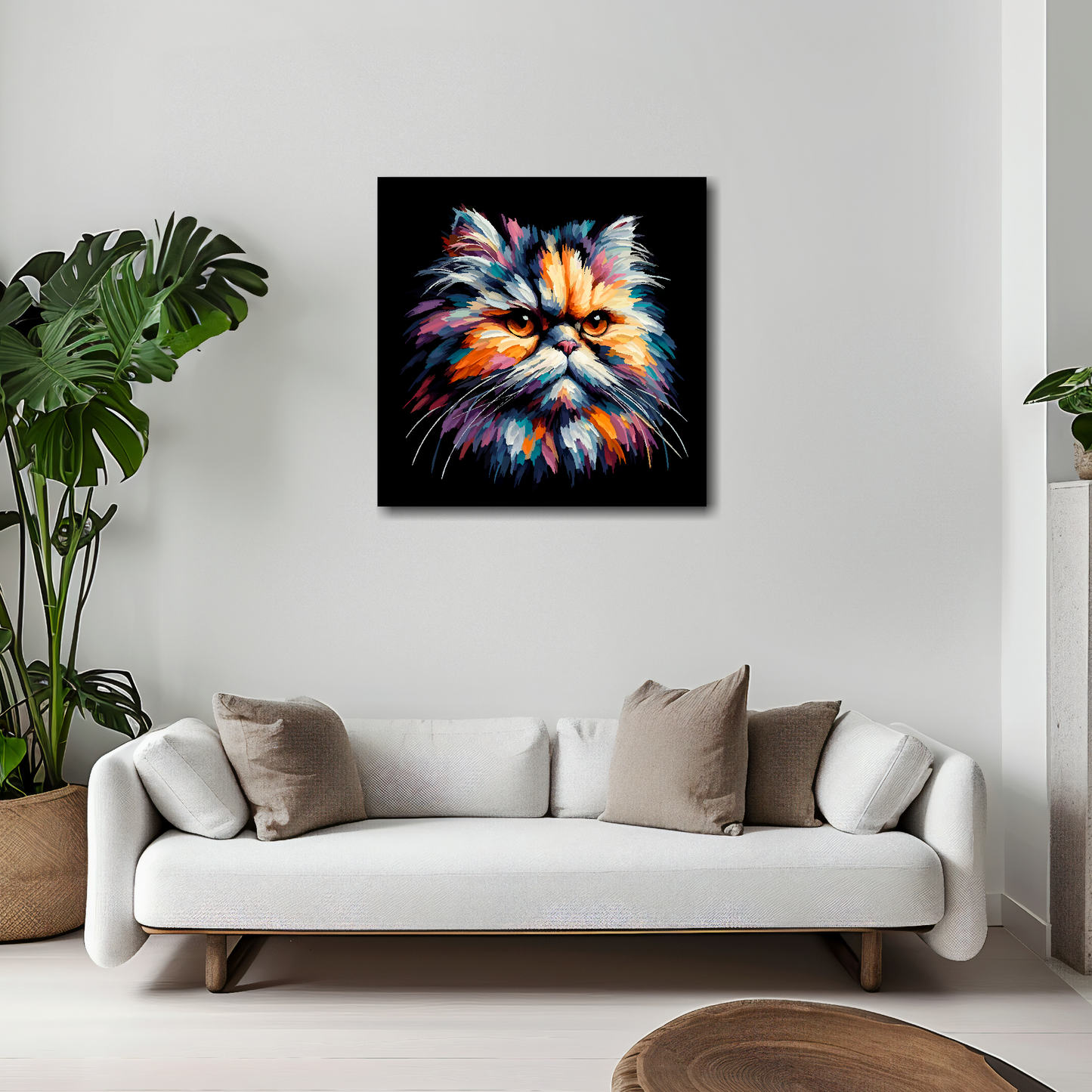 Persian cat canvas 20x20 inches above white sofa - vibrant cat portrait wall art UK
