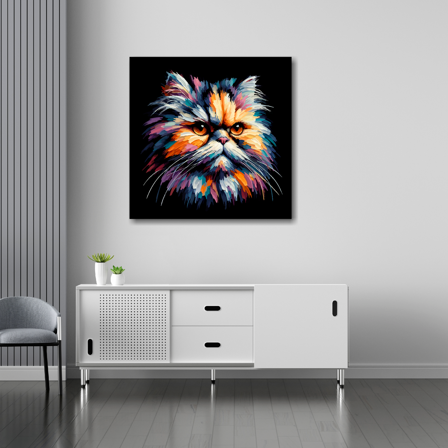 Persian cat canvas 30x30 inches above sideboard - large colourful cat portrait UK made