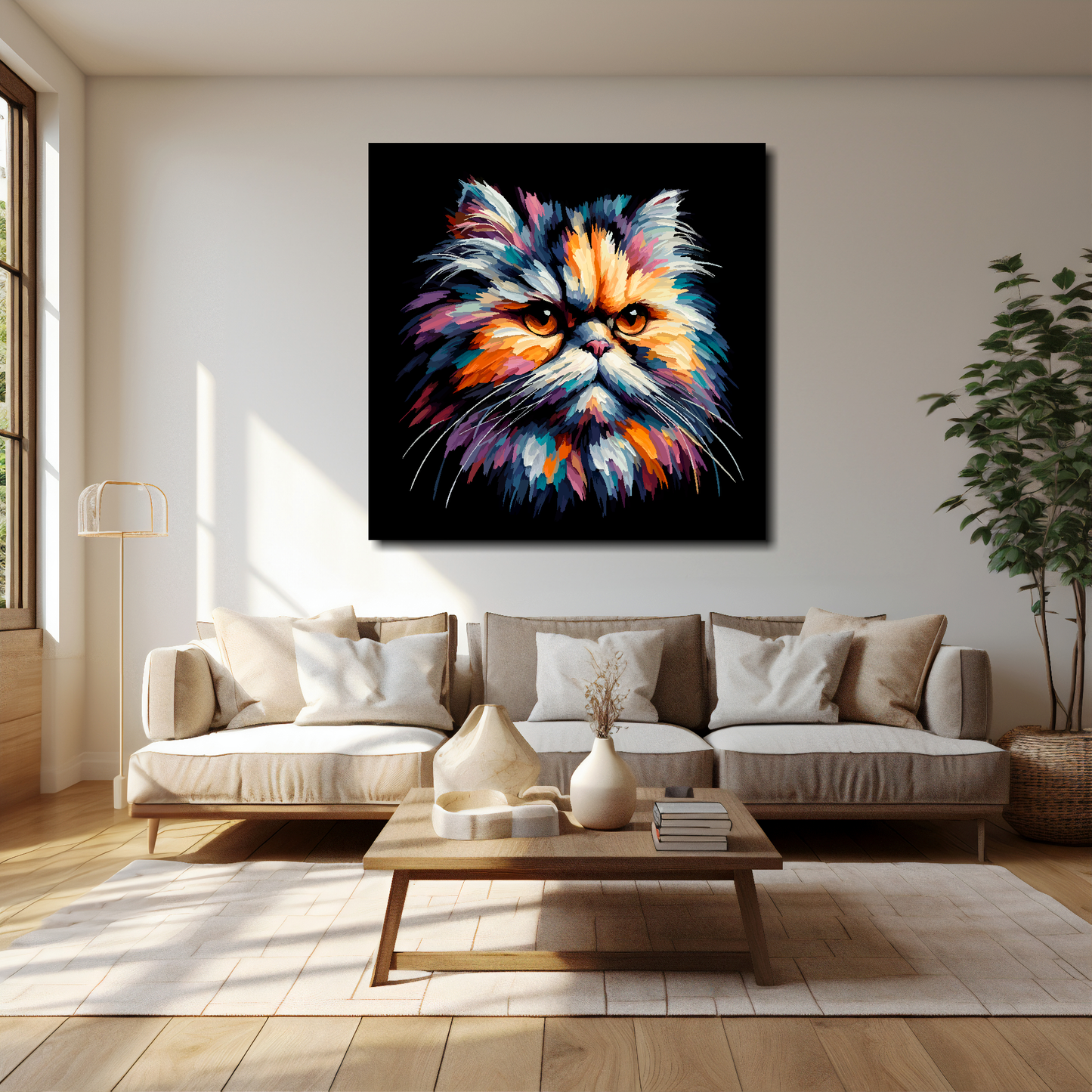 Persian cat canvas 40x40 inches above cream sofa - XL vibrant cat wall art UK