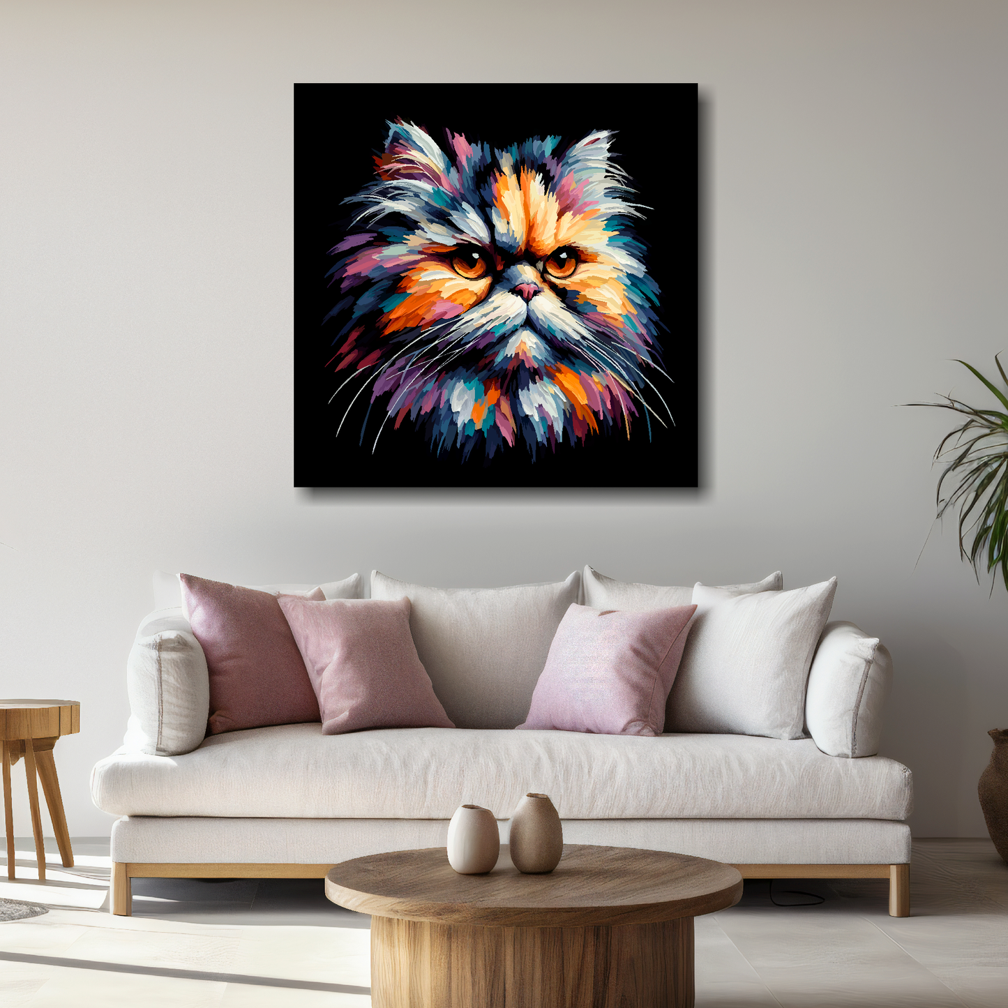 Large Persian cat canvas above white sofa - vibrant abstract cat portrait wall art UK