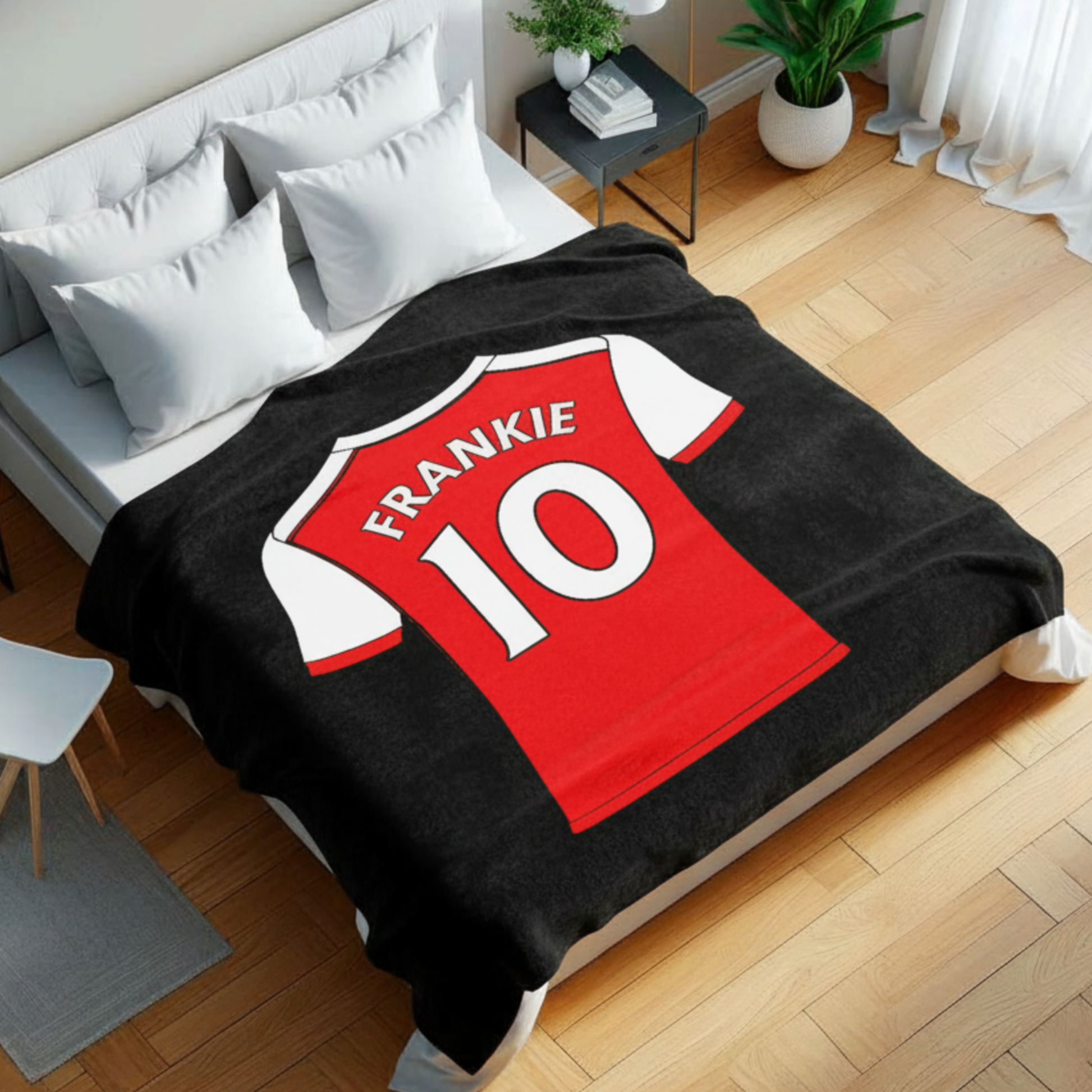 Personalised Arsenal football shirt on a fleece blanket. Made in the UK.