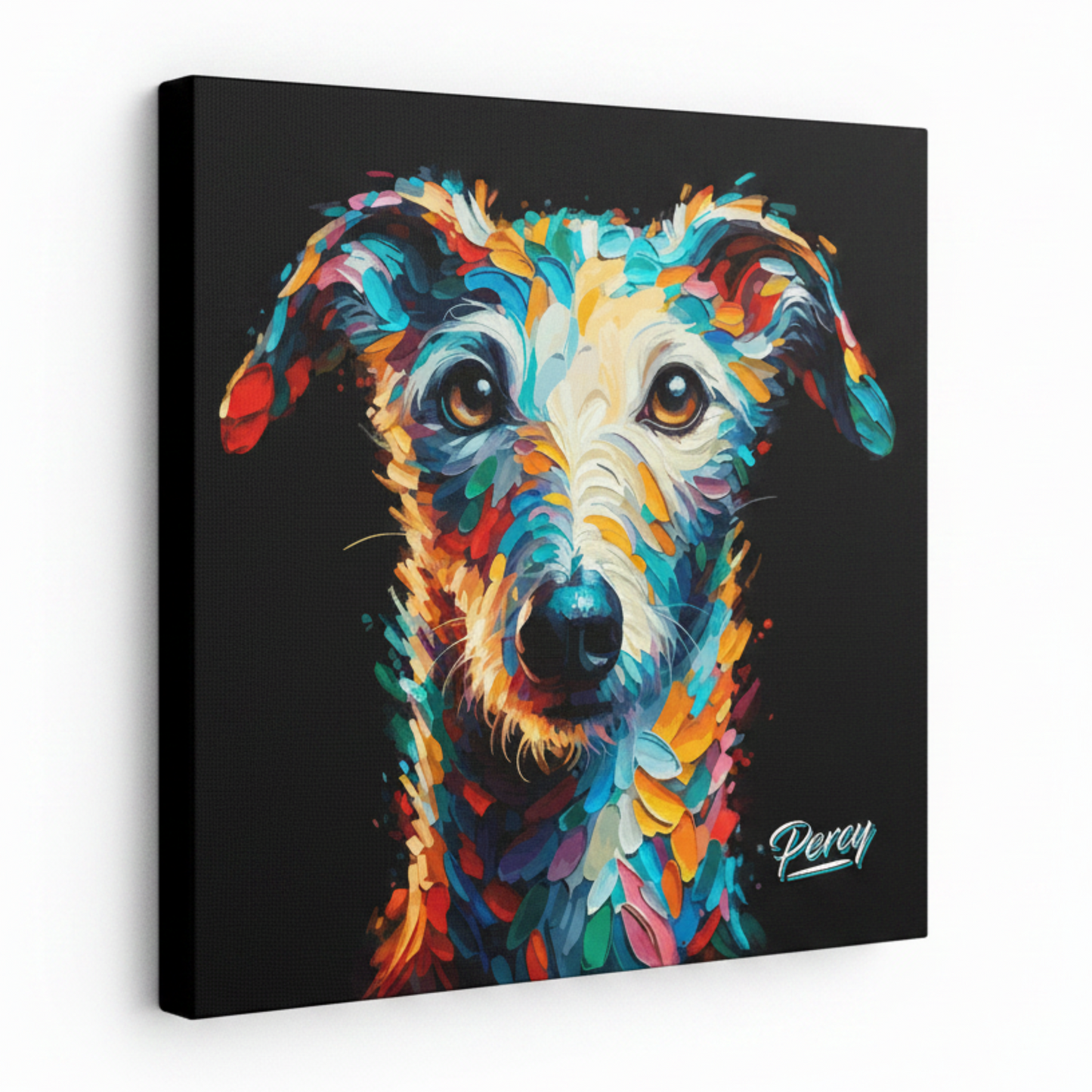 Colourful abstract portrait painting of a dog's face on a black background, with expressive brushstrokes in blue, teal, orange, yellow, red, white, and purple. The word 'Percy' appears in stylized script at the lower right.