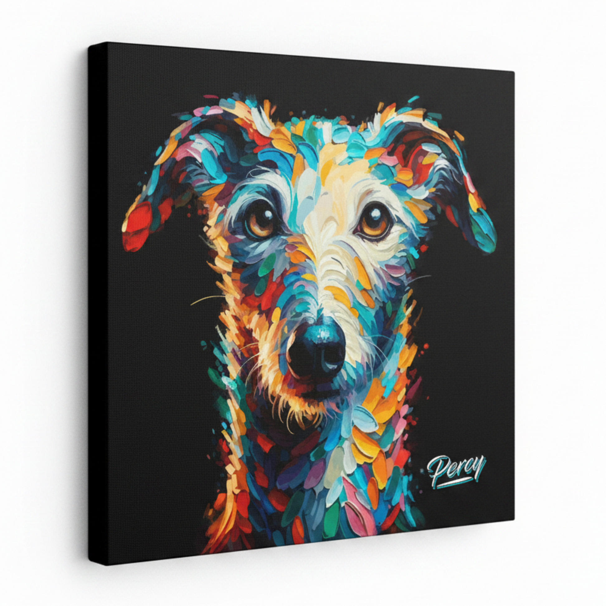 Colourful abstract portrait painting of a dog's face on a black background, with expressive brushstrokes in blue, teal, orange, yellow, red, white, and purple. The word 'Percy' appears in stylized script at the lower right.