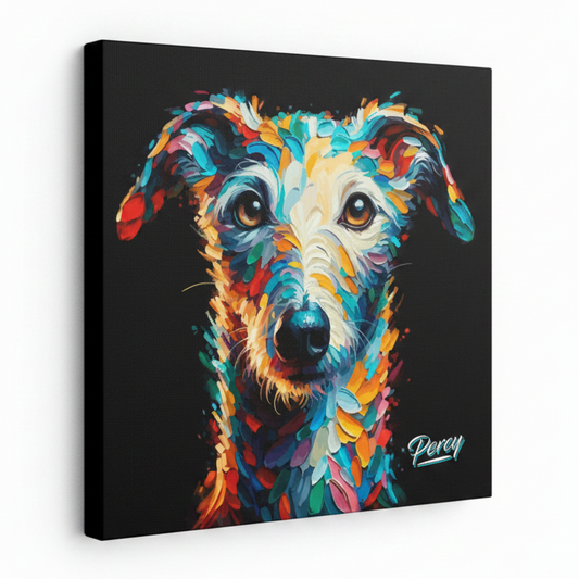 Colourful abstract portrait painting of a dog's face on a black background, with expressive brushstrokes in blue, teal, orange, yellow, red, white, and purple. The word 'Percy' appears in stylized script at the lower right.
