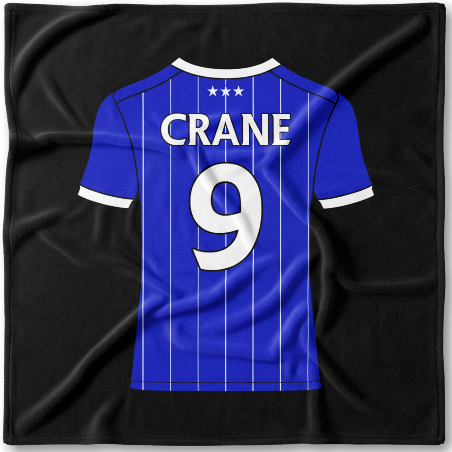 Personalised Ipswich Town football shirt on a fleece blanket. Made in the UK.