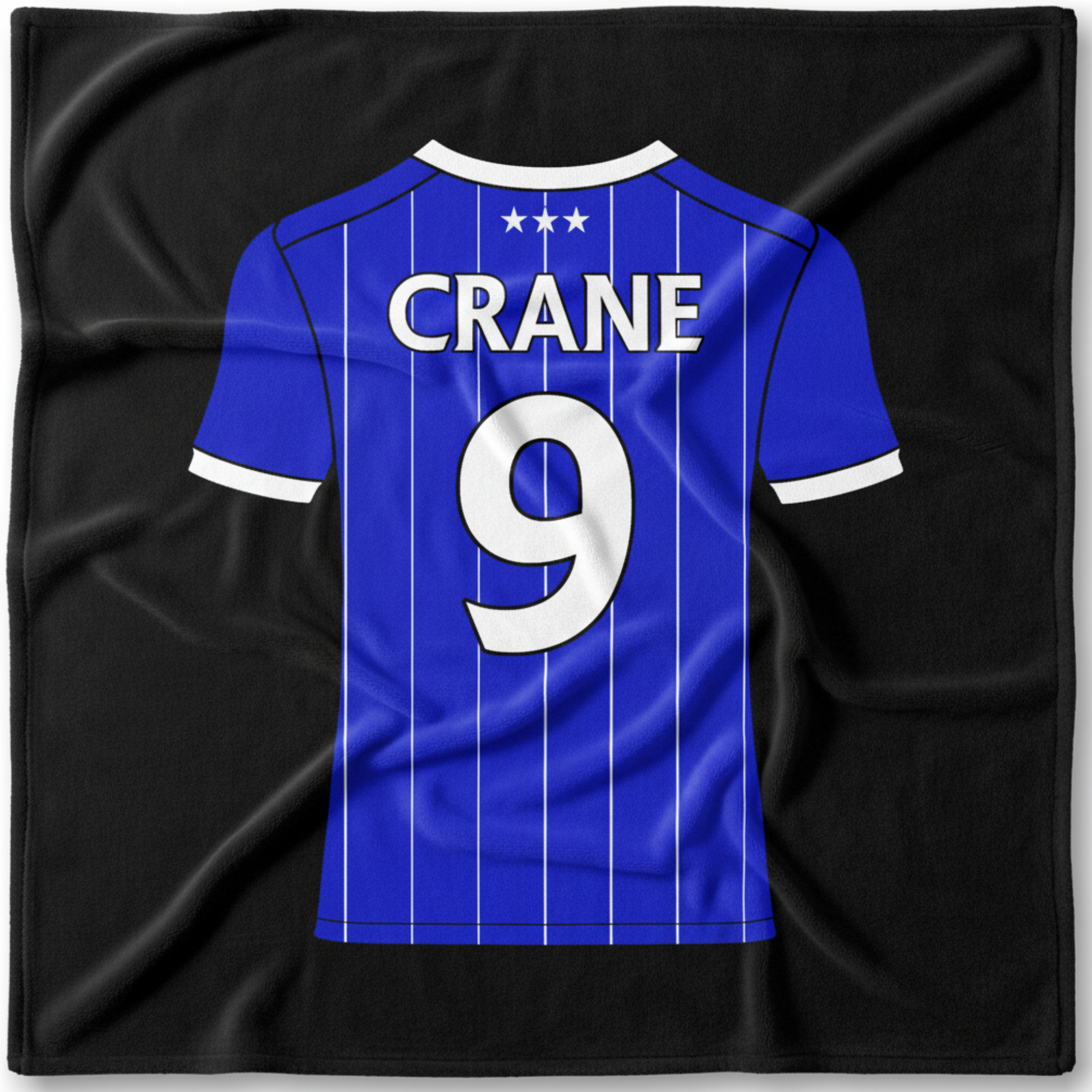Personalised Ipswich Town football shirt on a fleece blanket. Made in the UK.