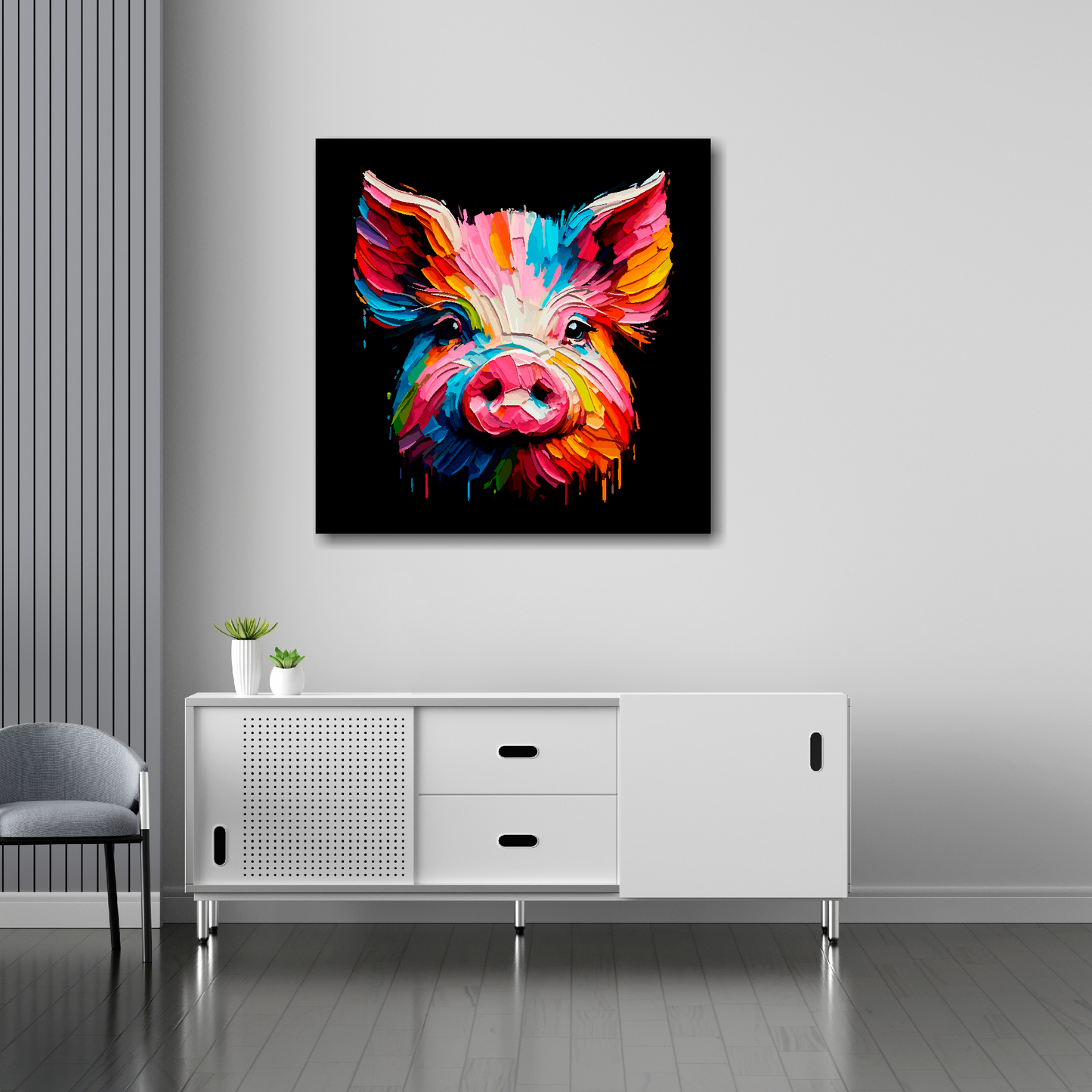 Pig canvas 30x30 inches above sideboard - large colourful farm animal portrait UK made