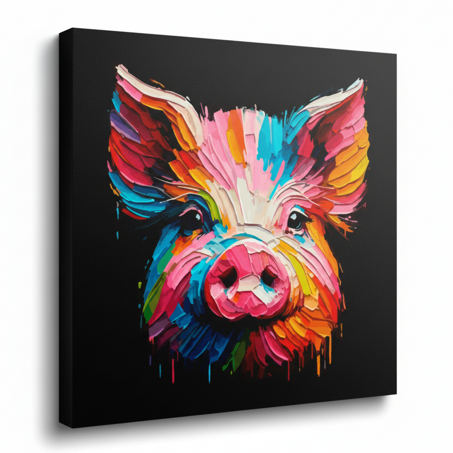 Colourful Pig farm animal portrait canvas print - UK made abstract wall art black background