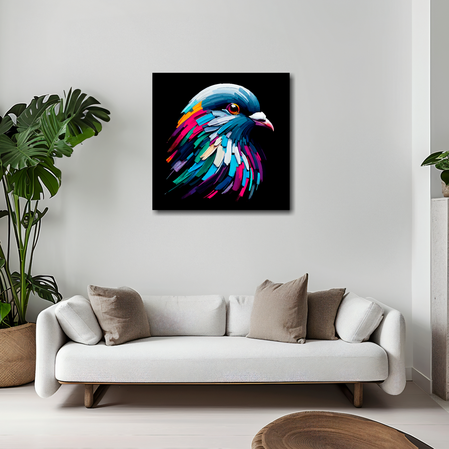 Pigeon canvas 20x20 inches above white sofa - vibrant bird portrait wall art UK
