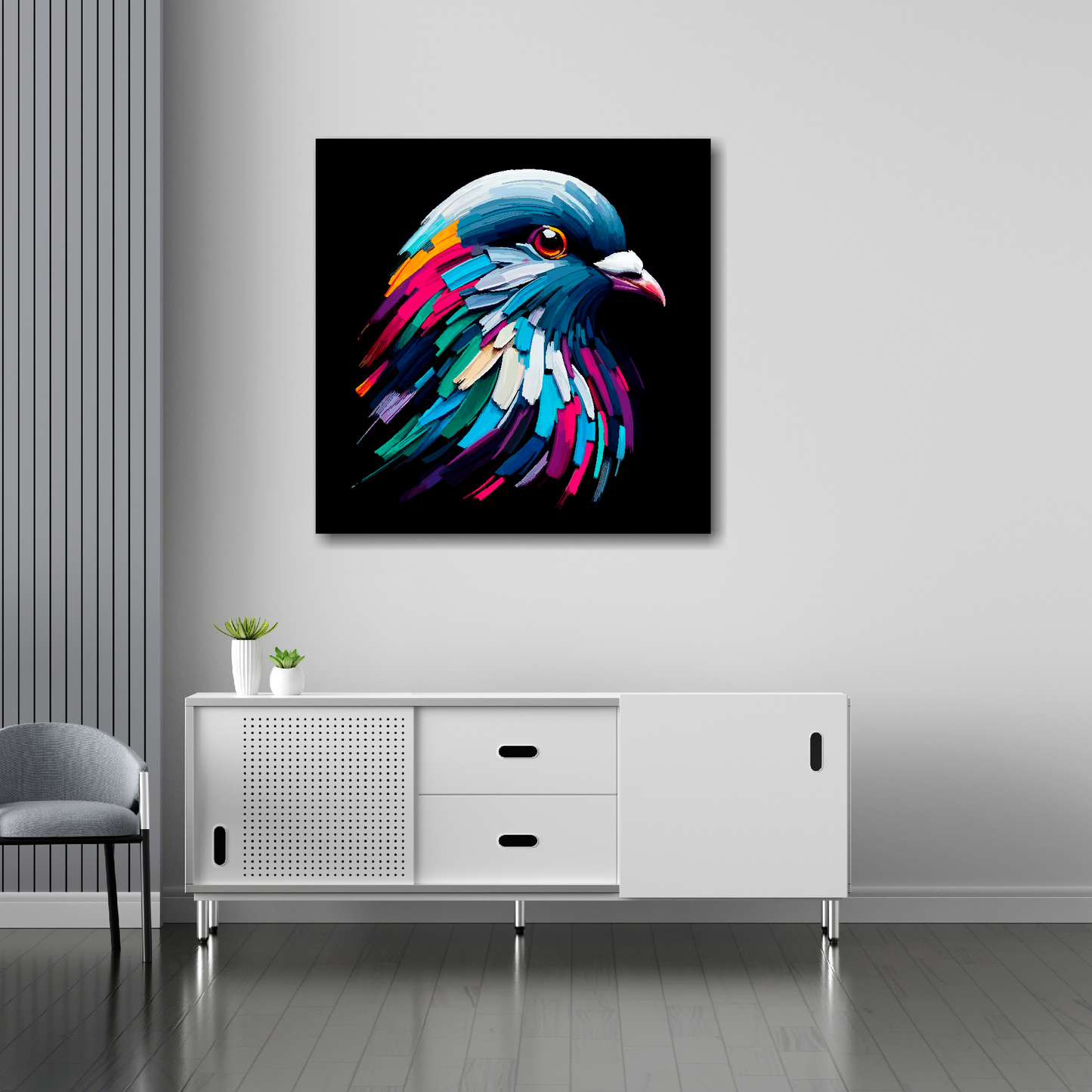 Pigeon canvas 30x30 inches above sideboard - large colourful bird portrait UK made