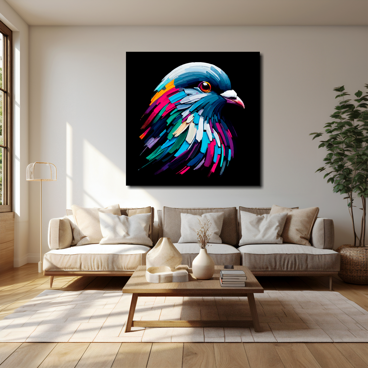 Pigeon canvas 40x40 inches above cream sofa - XL vibrant bird wall art UK