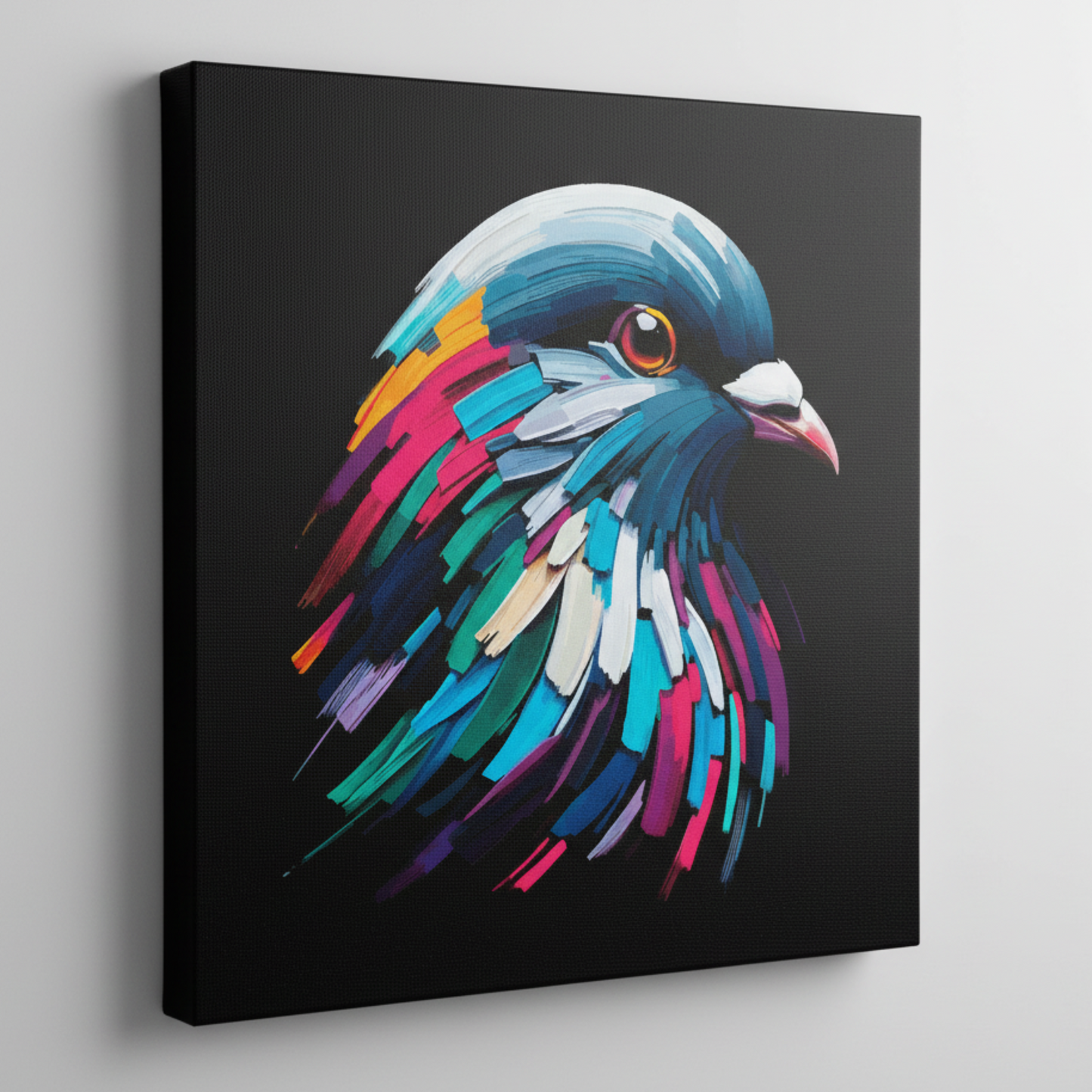 Colourful Pigeon bird portrait canvas print - UK made abstract wildlife wall art black background