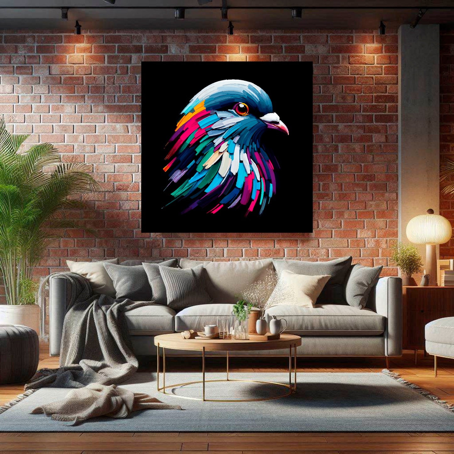 Large Pigeon canvas on brick wall above grey sofa - bold bird portrait UK living room