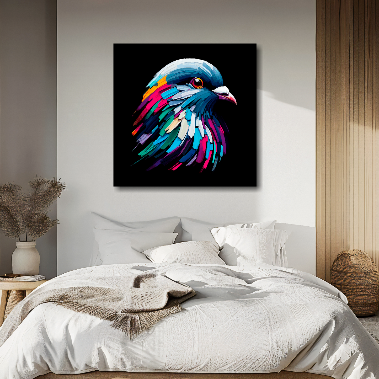 Pigeon portrait canvas above bed - colourful bird wall decor for UK bedrooms