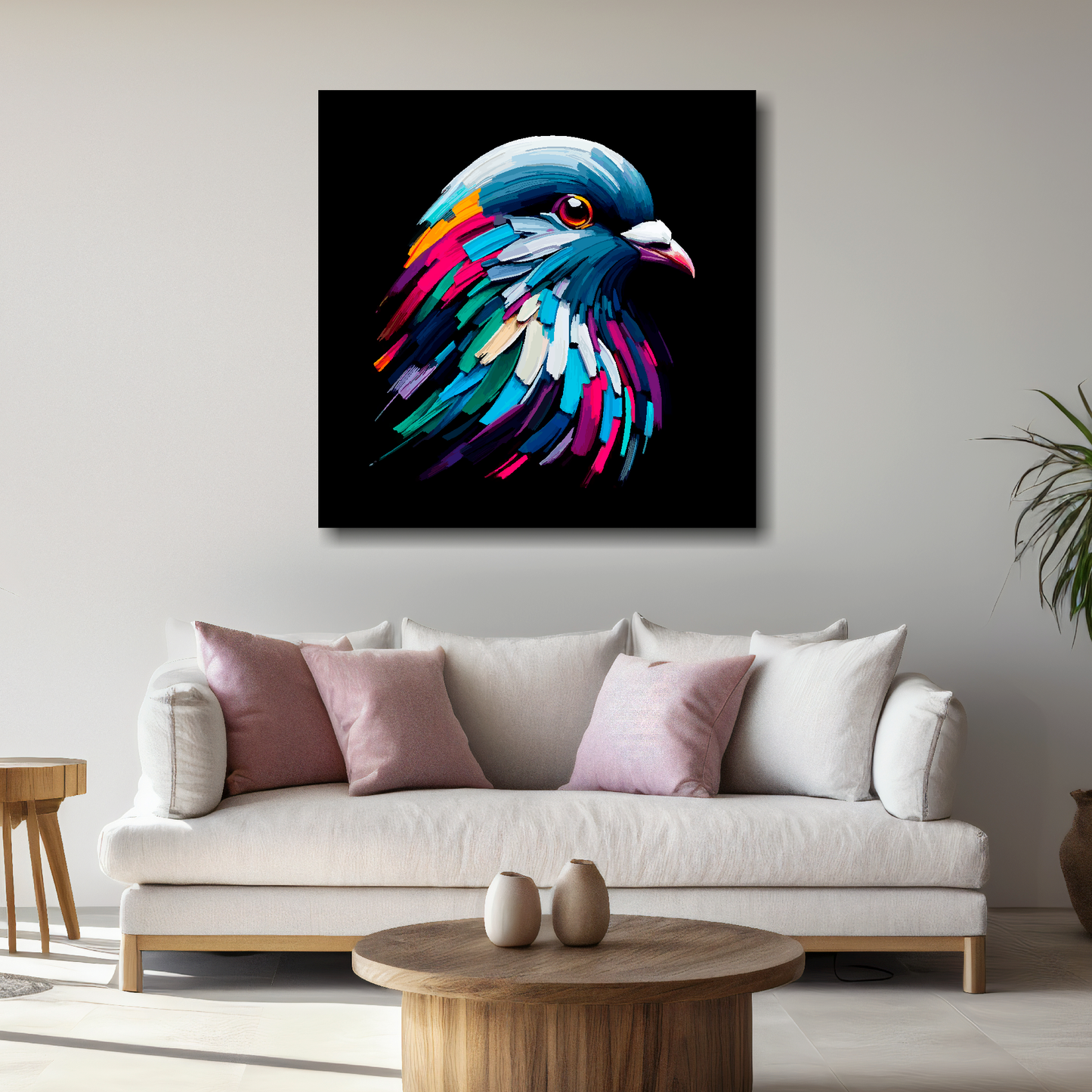 Large Pigeon canvas above white sofa - vibrant abstract bird portrait wall art UK