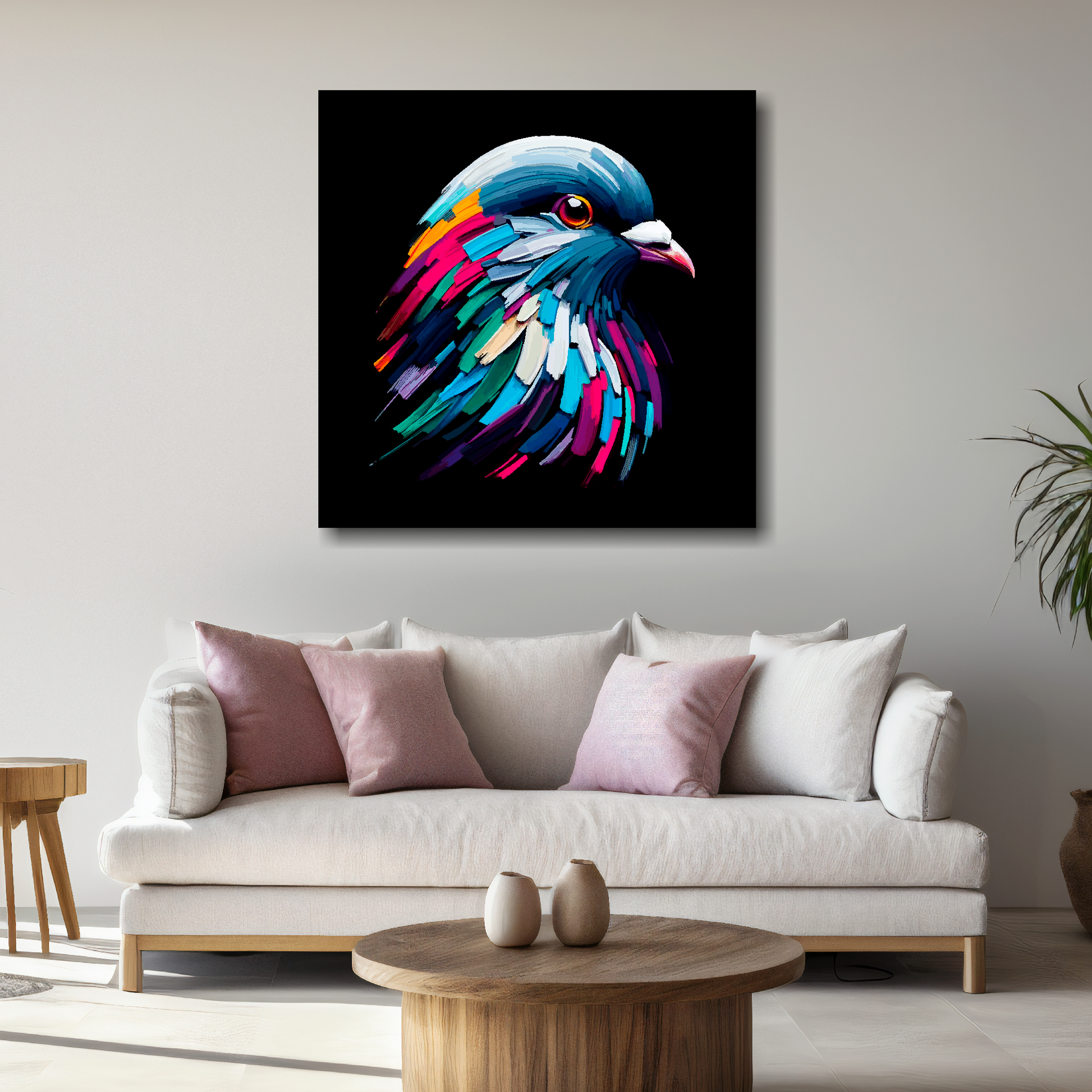 Large Pigeon canvas above white sofa - vibrant abstract bird portrait wall art UK
