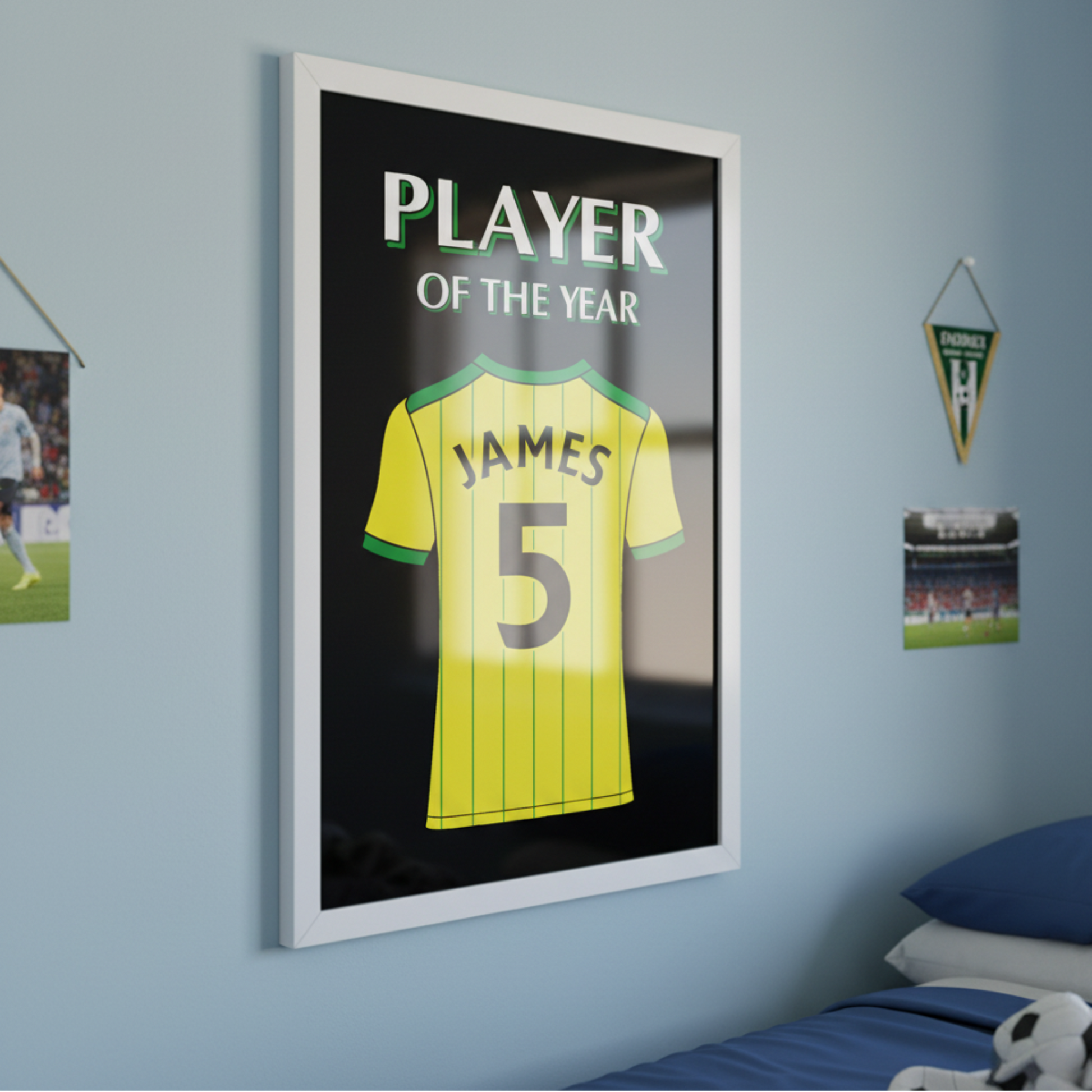 A framed art print featuring a Norwich City football shirt, the name JAMES, and the number 5 on a black background, with the text 'PLAYER OF THE YEAR' at the top.