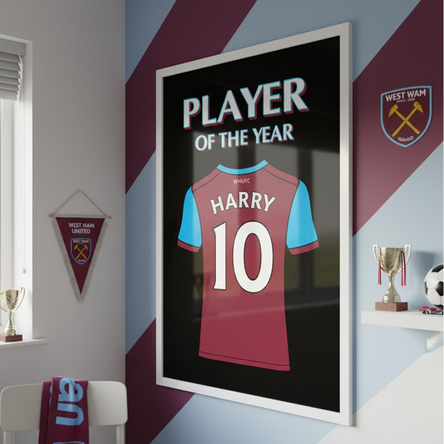A framed art print featuring a personalised football shirt, with 'Player of the Year' above, mounted on the wall in a boys bedroom.