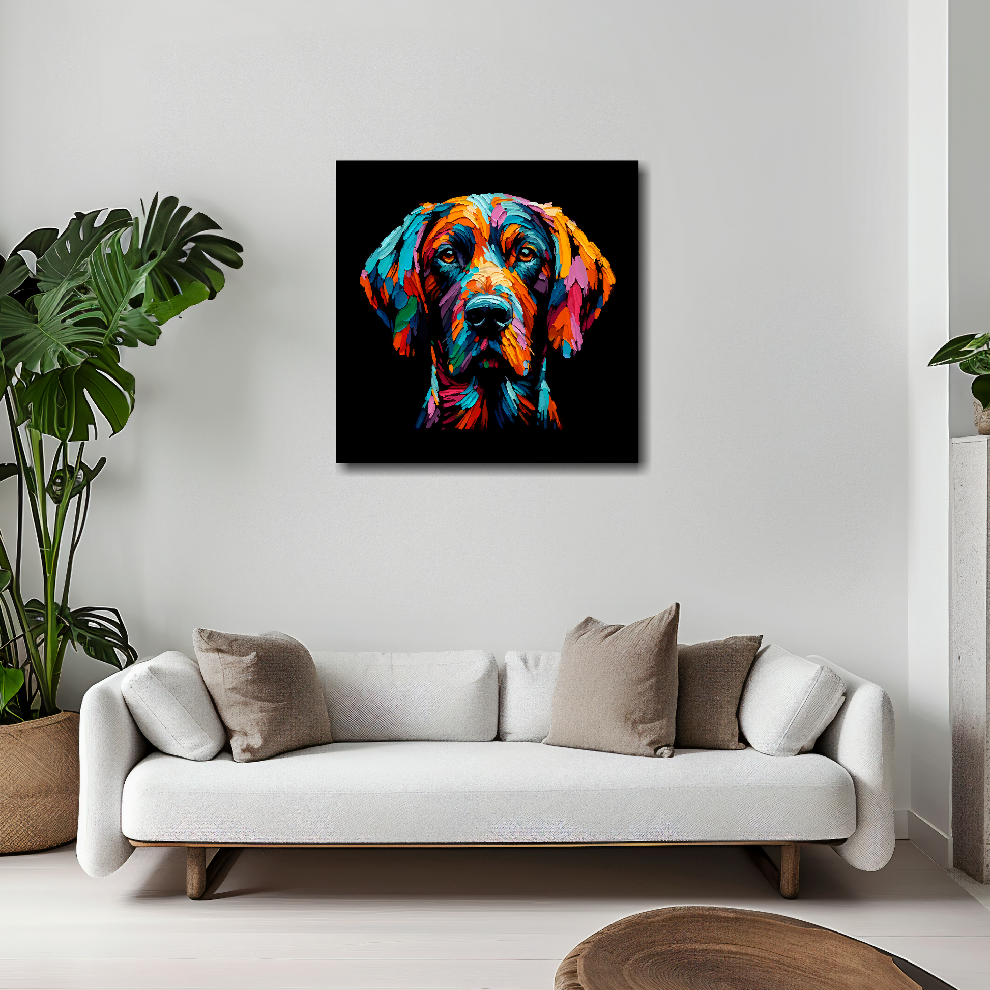 Pointer canvas 20x20 inches above white sofa - vibrant dog portrait wall art UK