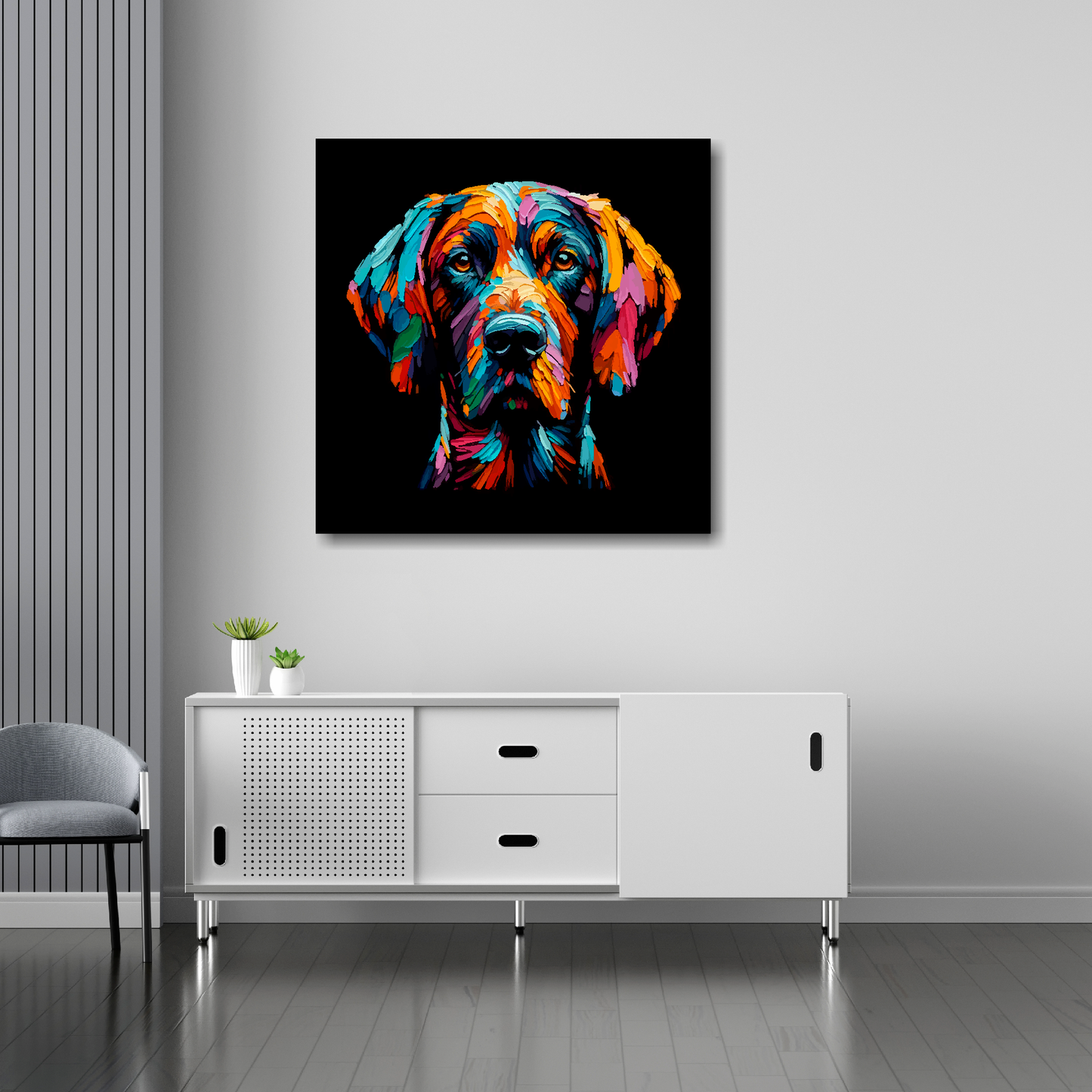 Pointer canvas 30x30 inches above sideboard - large colourful dog portrait UK made