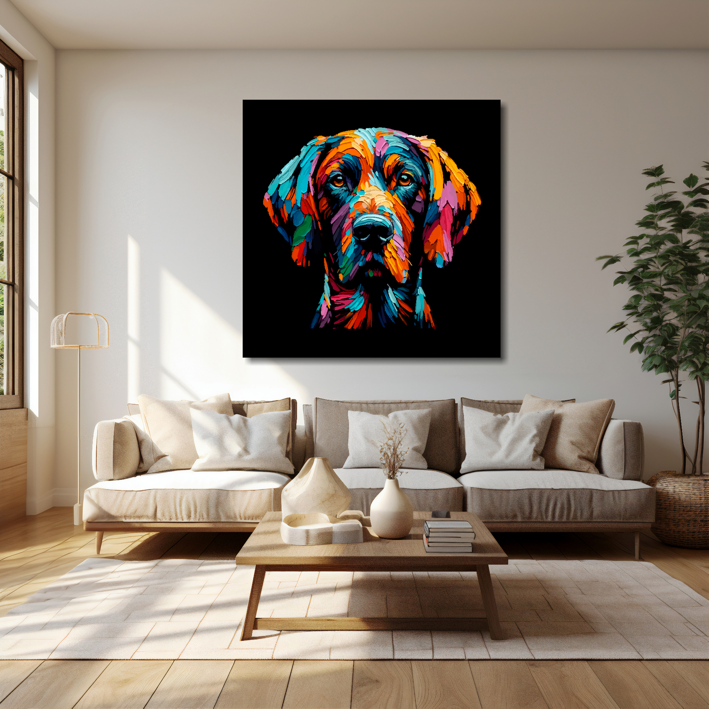 Pointer canvas 40x40 inches above cream sofa - XL vibrant dog wall art UK