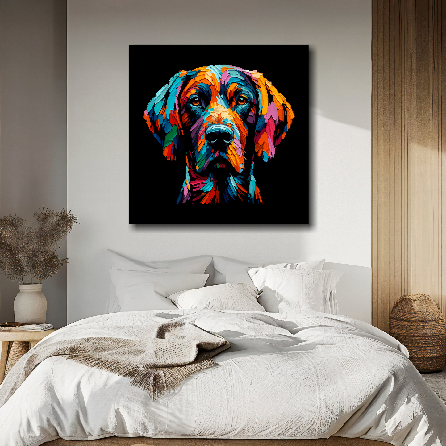 Pointer portrait canvas above bed - colourful dog wall decor for UK bedrooms