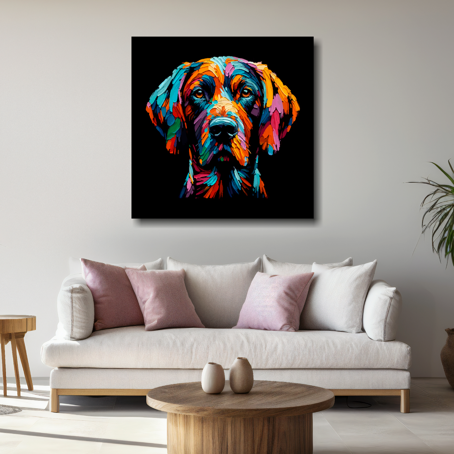 Large Pointer canvas above white sofa - vibrant abstract dog portrait wall art UK