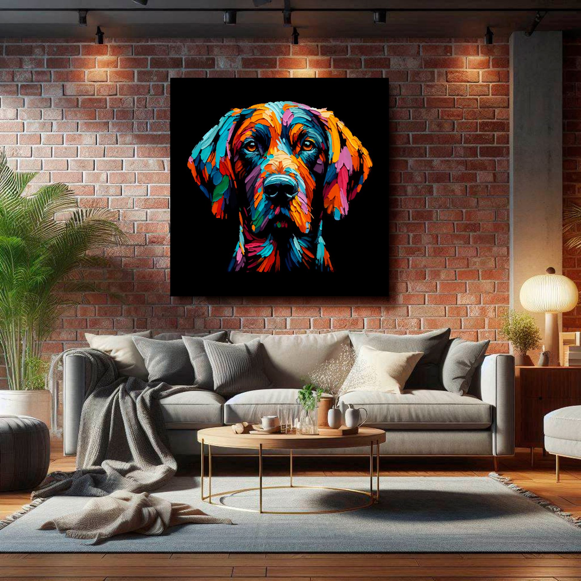 Large Pointer canvas on brick wall above grey sofa - bold dog portrait UK living room