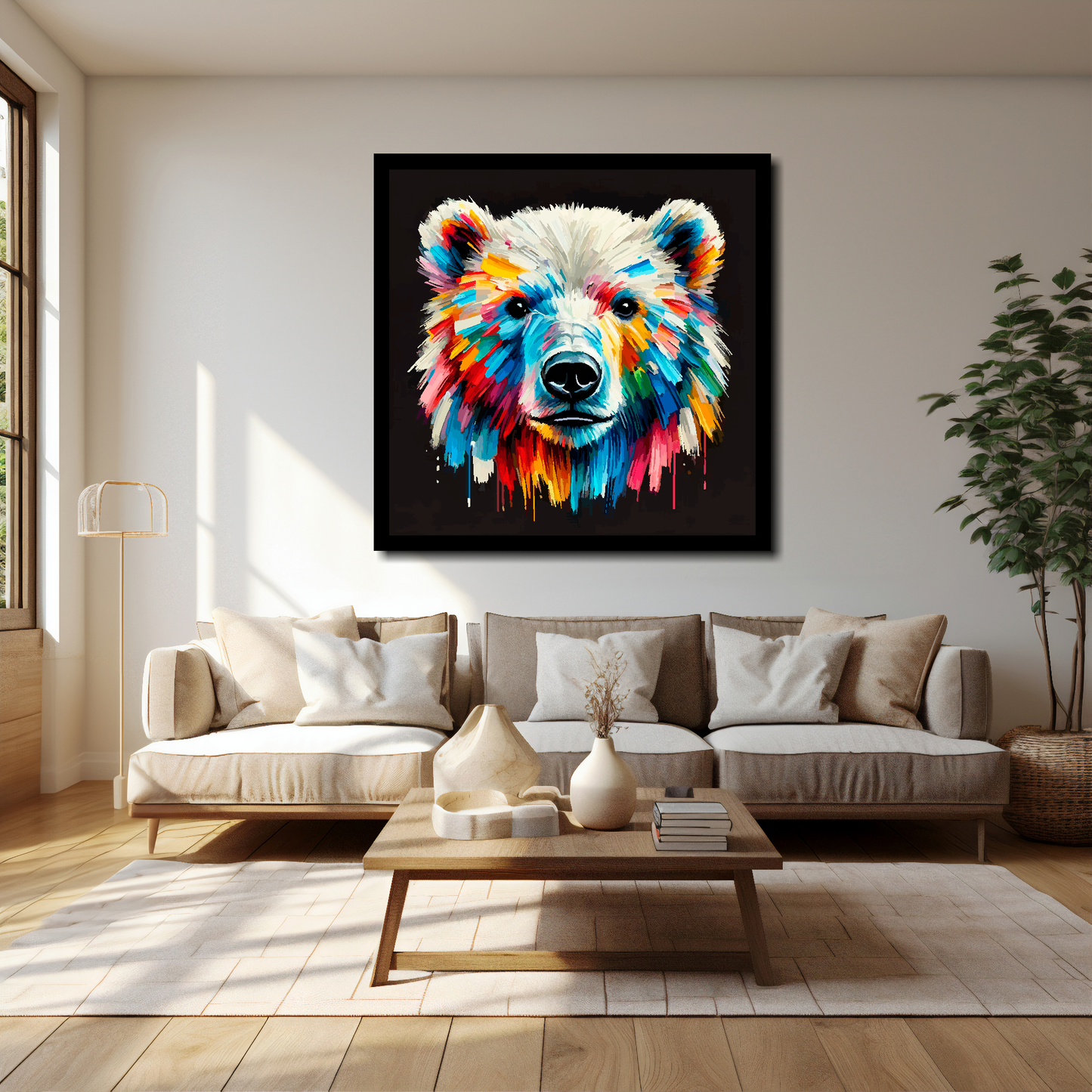 Polar Bear canvas 40x40 inches above cream sofa - XL vibrant wildlife wall art UK