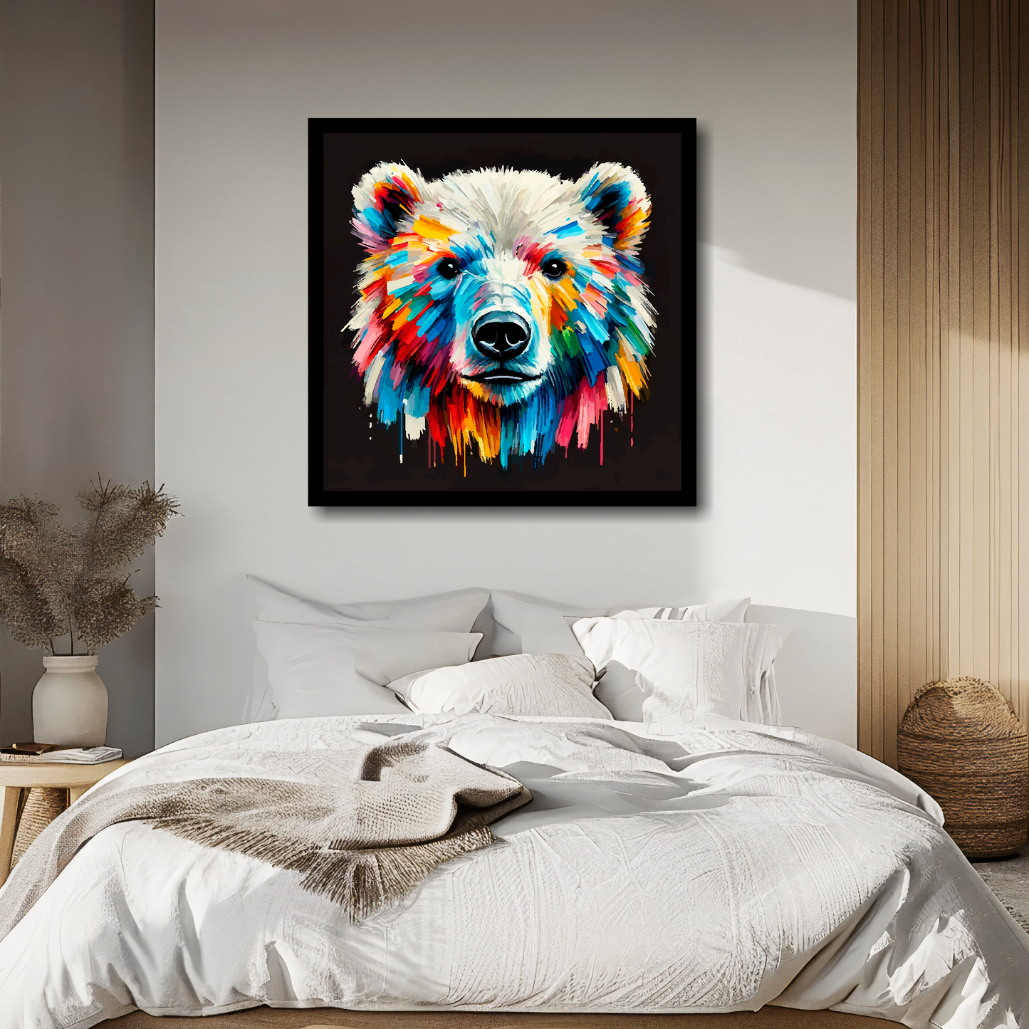 Polar Bear portrait canvas above bed - colourful wildlife wall decor for UK bedrooms